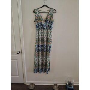 Ana&Elsa Women Blue Green Geometric Ikat Print V-Neck Sleeveless Maxi Dress M